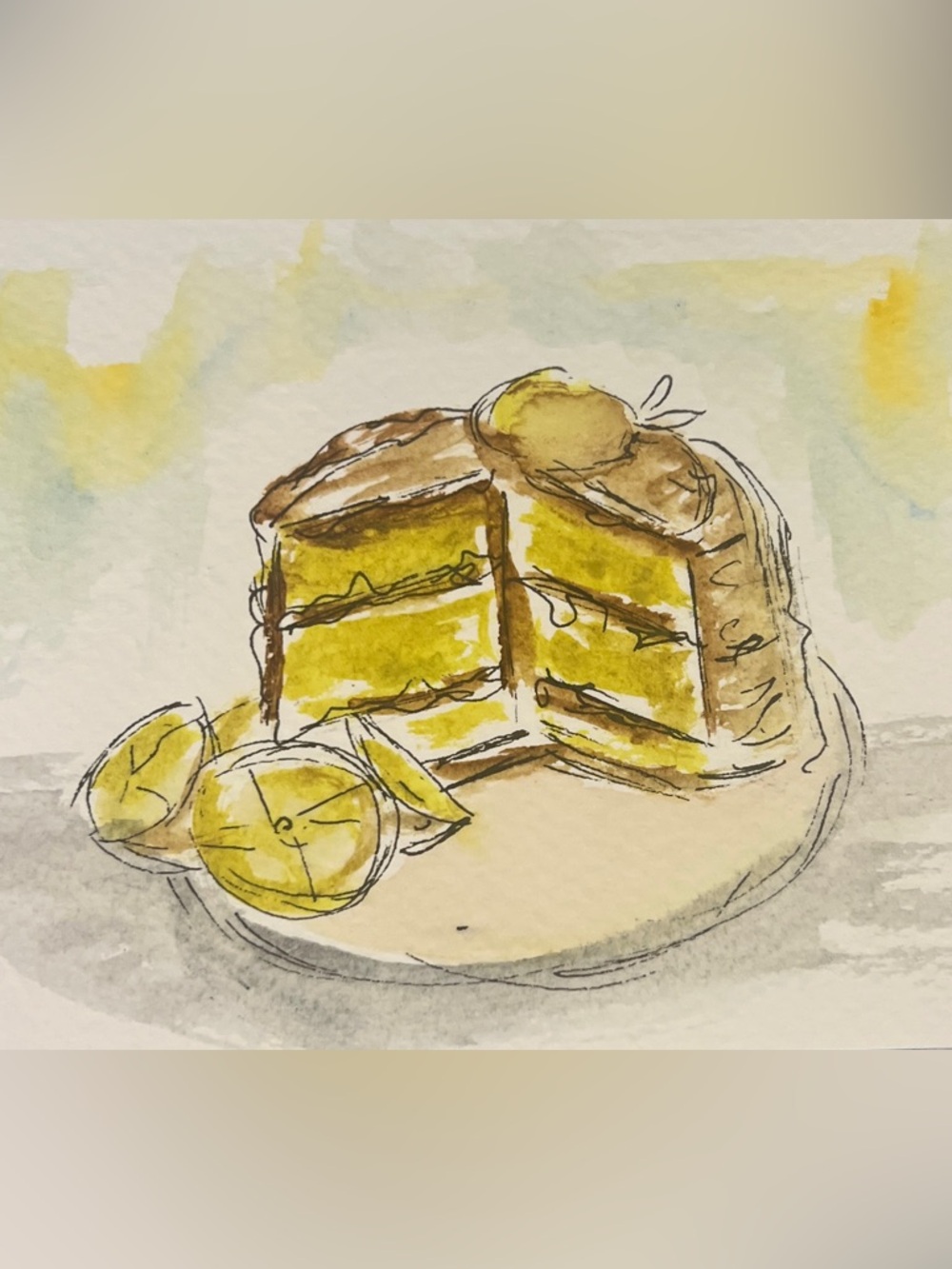 Original hand, painted lemon cake, dessert, kitchen, wall, decor, watercolor